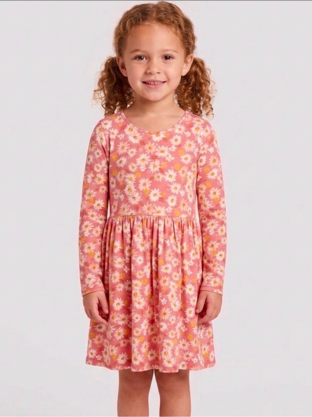 Girls' Pink Daisy Long-Sleeve Knit Dress